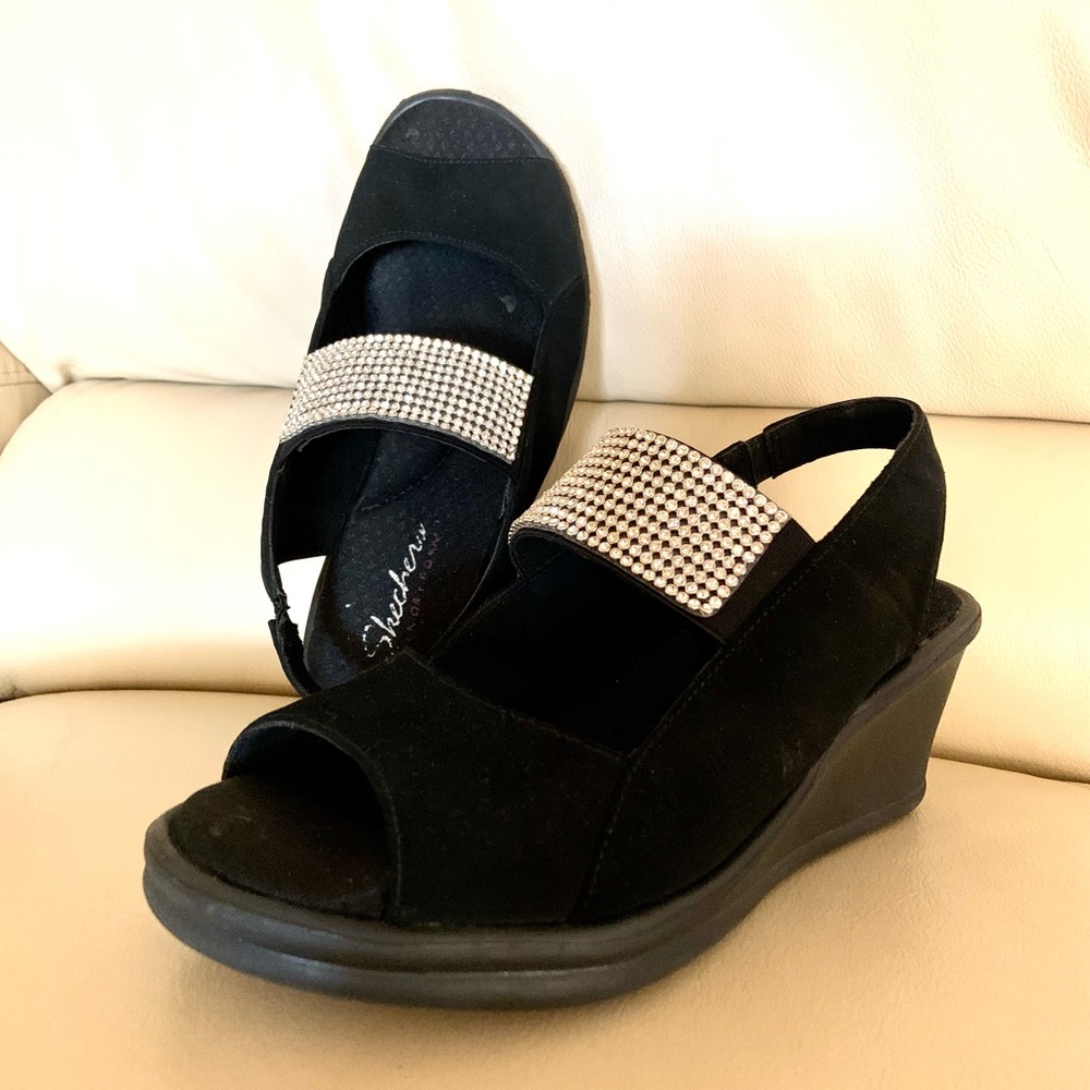 Skechers wedge heel with rhinestones open toe black slip on size 8 NEVER WORN